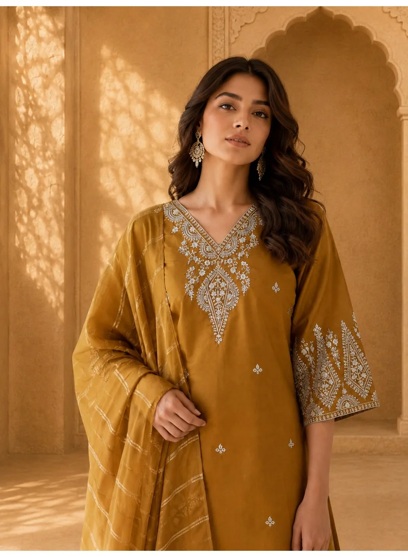 Lehar Tan Muslin Cotton Embroidered Kurta Set with Organza Dupatta