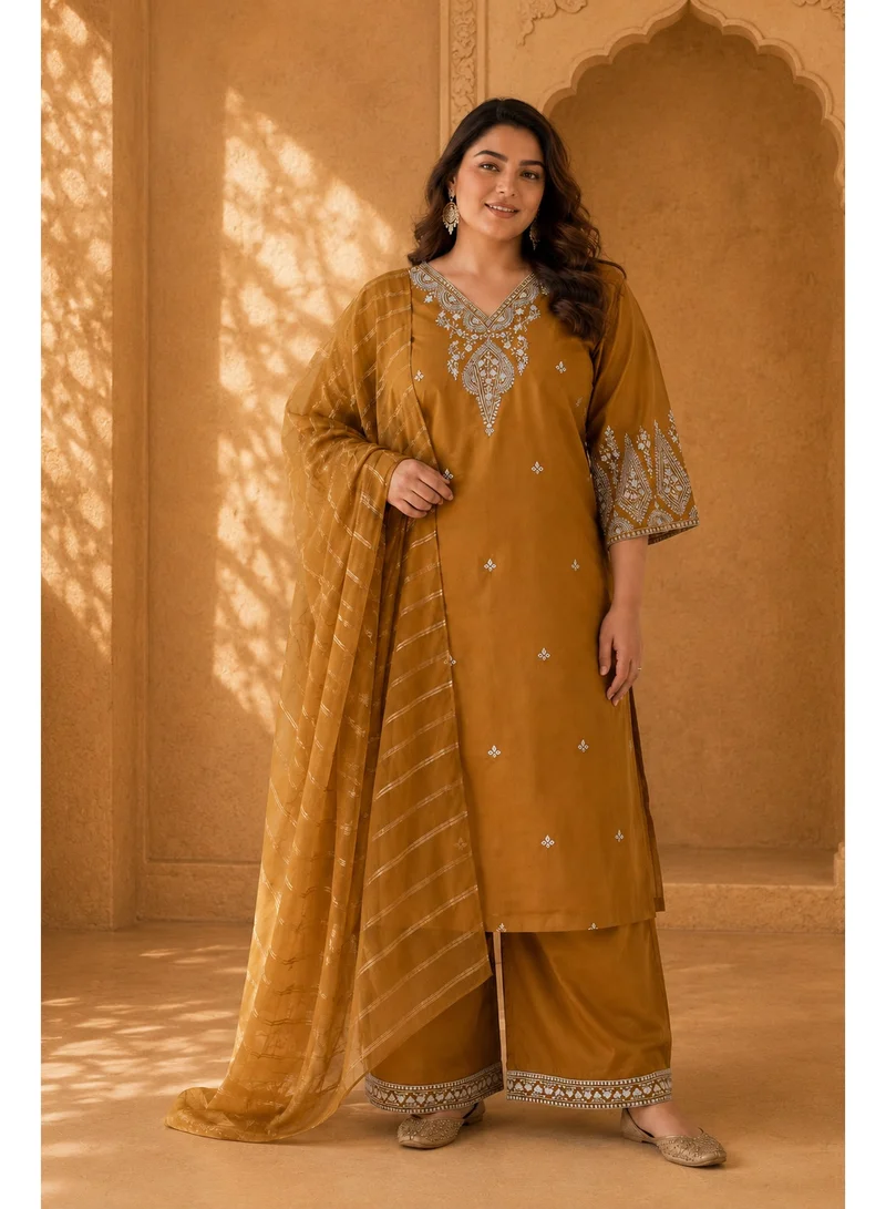 Lehar Tan Muslin Cotton Embroidered Kurta Set with Organza Dupatta