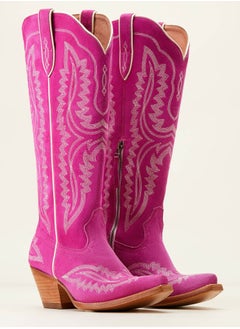 Loquat Cowboy Boots For Women Western Embroidered Cowgirl Boots Chunky Heel Wide Tube Boots Pull on Pointy Toe Vintage Boots Rose Pink 