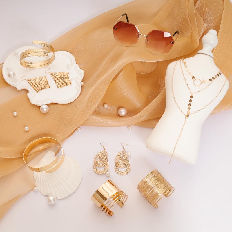 Fumwase 8PCS 70s Gold Disco Accessories Set for Women 1970s Disco Accessories Earrings Layered Necklace Bracelets Glasses Arm Cuff for Party Halloween Cosplay (Gold) - Image 4