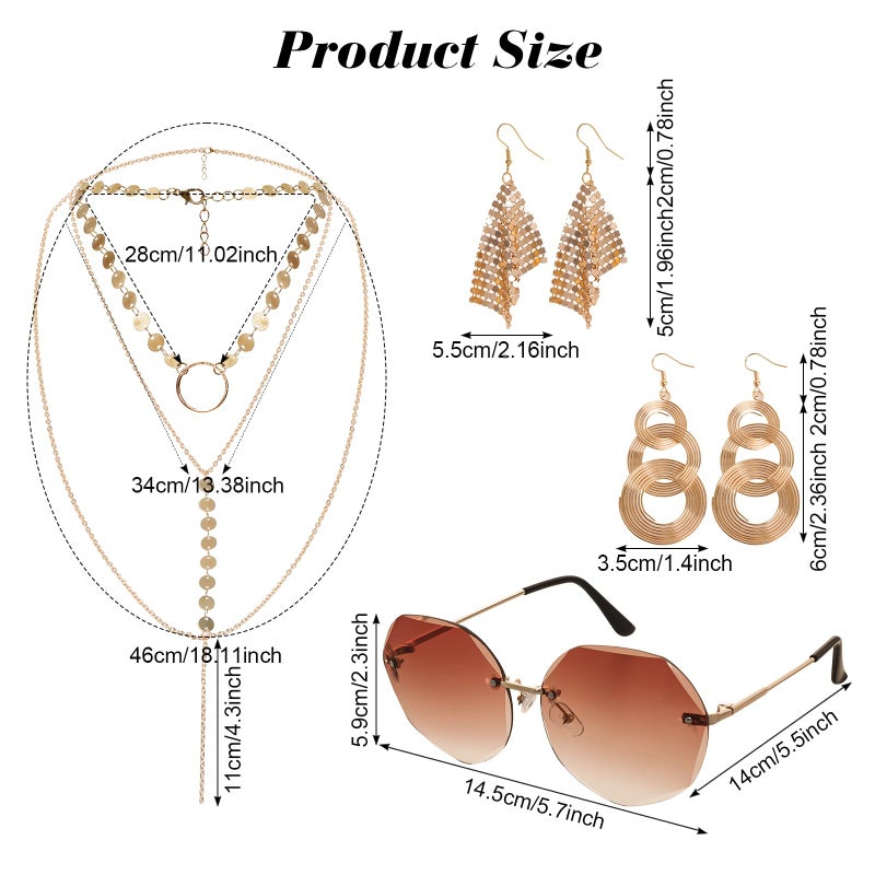 Fumwase 8PCS 70s Gold Disco Accessories Set for Women 1970s Disco Accessories Earrings Layered Necklace Bracelets Glasses Arm Cuff for Party Halloween Cosplay (Gold) - Image 2