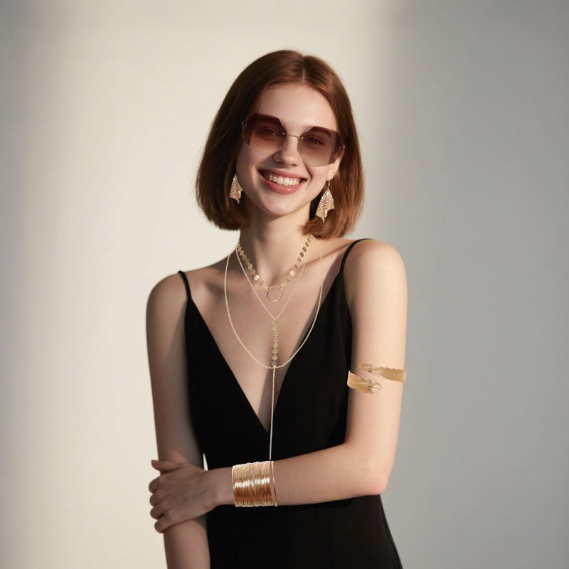 Fumwase 8PCS 70s Gold Disco Accessories Set for Women 1970s Disco Accessories Earrings Layered Necklace Bracelets Glasses Arm Cuff for Party Halloween Cosplay (Gold) - Image 5