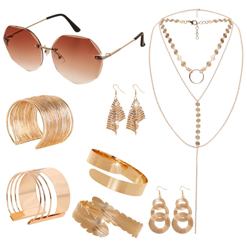 Fumwase 8PCS 70s Gold Disco Accessories Set for Women 1970s Disco Accessories Earrings Layered Necklace Bracelets Glasses Arm Cuff for Party Halloween Cosplay (Gold) - Image 1