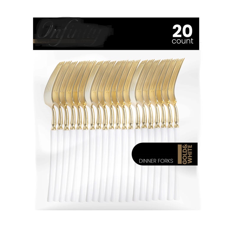 PLASTICPRO PlasticPro 20 Count Gold and White Plastic Dinner Forks Premium Quality Heavy Duty Disposable Elegant Silverware Two Tone Forks for Party 