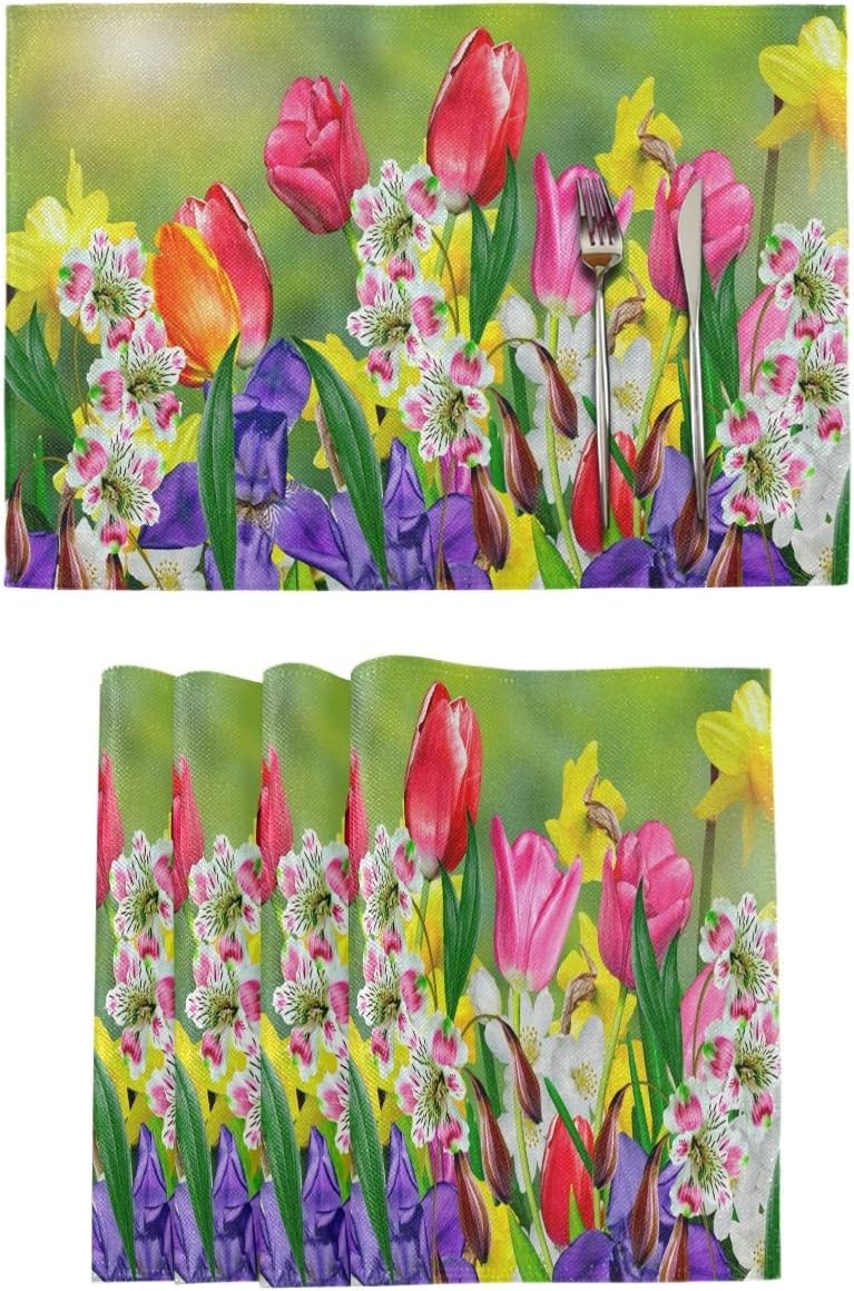 Vdsrup Spring Tulips Flowers Placemats Set of 4 Summer Daffodils Daisy Florals Table Mats Burlap Placemat Washable NonSlip Heat Resistant Place Mats for Party Kitchen Dining Decorations 12 X 18 Inch - Image 1