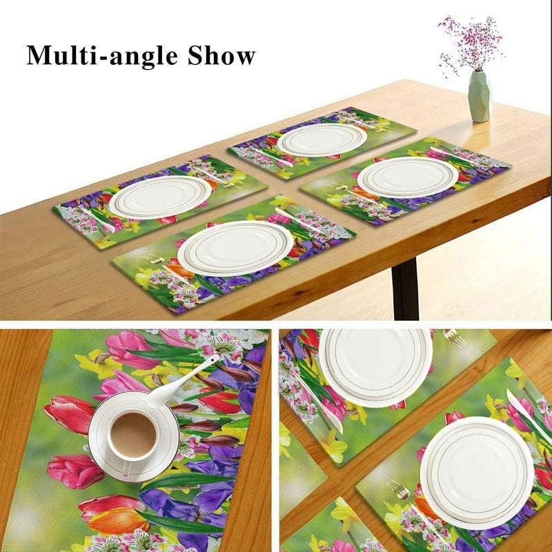 Vdsrup Spring Tulips Flowers Placemats Set of 4 Summer Daffodils Daisy Florals Table Mats Burlap Placemat Washable NonSlip Heat Resistant Place Mats for Party Kitchen Dining Decorations 12 X 18 Inch - Image 3