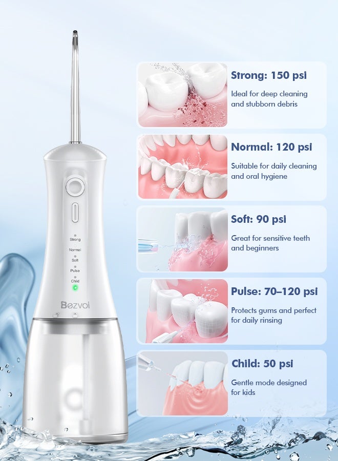Bezvoi Portable Water Flosser – Cordless, 5 Modes, 300ML, IPX7 Waterproof, Rechargeable Oral Irrigator with 6 Tips for Teeth Cleaning - Image 3