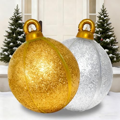 YOTNUS 2 Pack 24 Inch Inflatable Christmas Balls Giant Inflatable Ornaments Outdoor Extra Large Outdoor Christmas Ornaments for Lawn Porch and Front Door Gold and Silver - Image 1