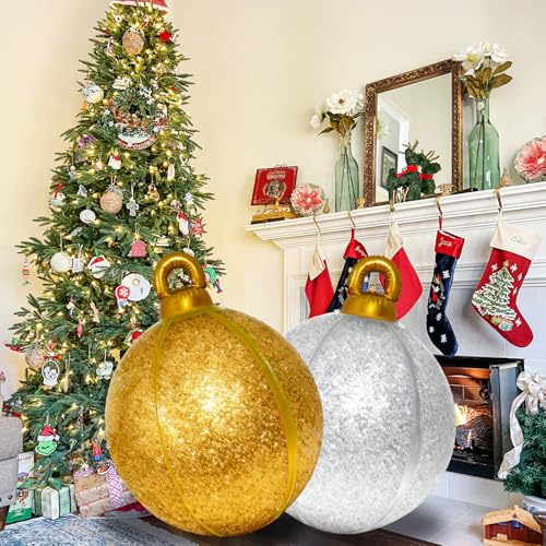 YOTNUS 2 Pack 24 Inch Inflatable Christmas Balls Giant Inflatable Ornaments Outdoor Extra Large Outdoor Christmas Ornaments for Lawn Porch and Front Door Gold and Silver - Image 3
