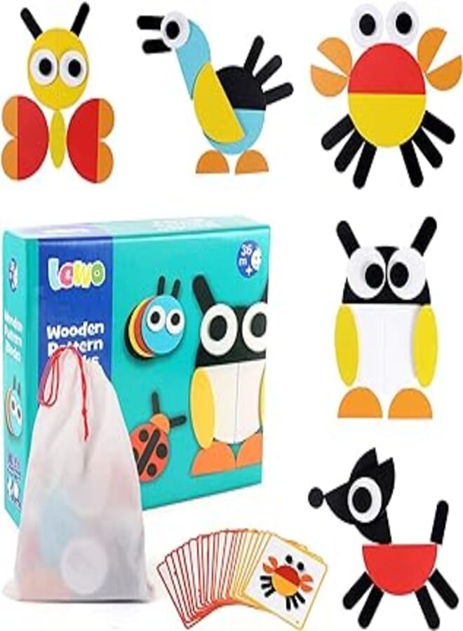 Lewo 130 PCS Wooden Pattern Blocks Geometric Shape Puzzles Classic Educational Toys Tangrams Set for Kids with 24 Design Cards cypt