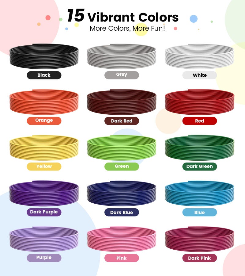 YEETIN 1.75mm 3D Pen Filament Refills Compatible with SCRIB3D P1/ADV MYNT3D Basic/Super/Pro, 15 Colors, 240ft, 16ft per Color, Comes with 2 Finger Caps & Stencil - Image 2