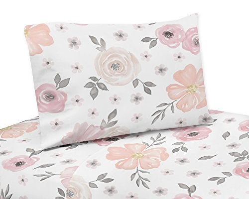 Sweet Jojo Designs 3Piece Twin Sheets Set PinkGrey Boho Floral for Girls Kids Children Teenager Bedding incl Single Size Bed Flat Fitted Sheet  Pillow Case Watercolor Flower Elegant Rose