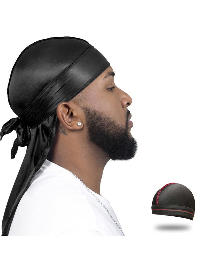 ForceWave Silky Durag for Men Wave Cap Satin Dorag for Men Women 360 Wave Black - Image 1