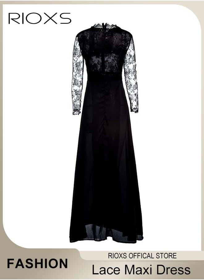 RIOXS - Women's Elegant Dresses, Lace Long Sleeve Dress, Ladies Chiffon Maxi Dress, Evening Dresses For Party Wedding And Special Occasions, Formal Long Dress For Women - Image 1