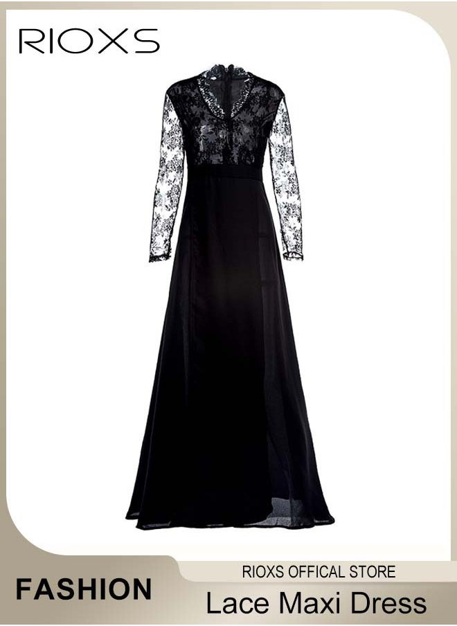 RIOXS - Women's Elegant Dresses, Lace Long Sleeve Dress, Ladies Chiffon Maxi Dress, Evening Dresses For Party Wedding And Special Occasions, Formal Long Dress For Women - Image 1