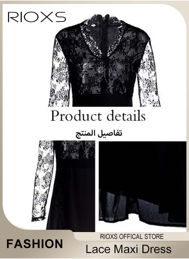 RIOXS - Women's Elegant Dresses, Lace Long Sleeve Dress, Ladies Chiffon Maxi Dress, Evening Dresses For Party Wedding And Special Occasions, Formal Long Dress For Women - Image 1