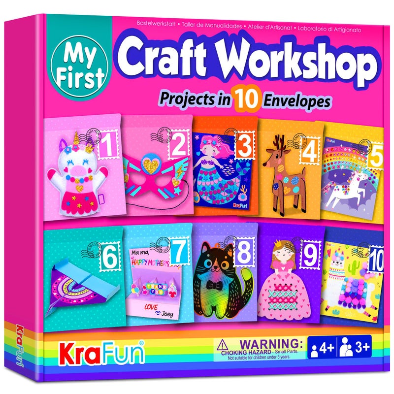 KRAFUN My First Craft Workshop Art and Craft Kit for Kids - Projects in 10 Envelopes, Unicorn, Mermaid, Princess & Llama Crafts, Creative Educational Activities Girls Toddlers Ages 3 4 5+ - Image 1