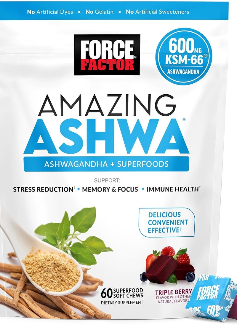 Force Factor Force Factor Amazing Ashwa for Stress Relief, Memory, Focus, and Immune Support Health, Ashwaganda Supplement with KSM-66 Ashwagandha for Stress, 60 Soft Chews  - Image 1