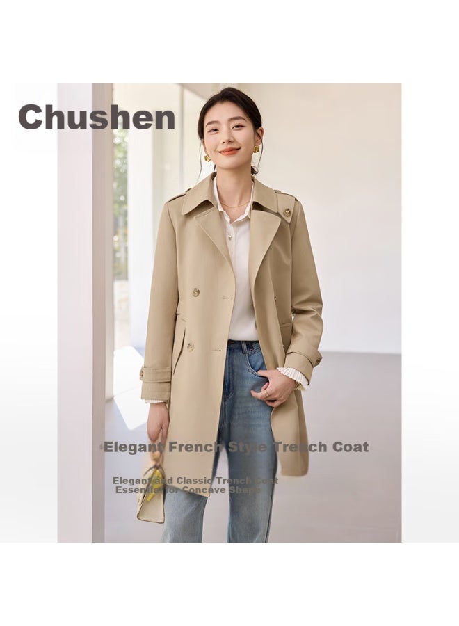 First Application Chushen Women's Elegant French Style Mid-length Trench Coat With Large Lapel And Waist Belt, Slimming Commuter Casual Jacket S51d050 - Image 1
