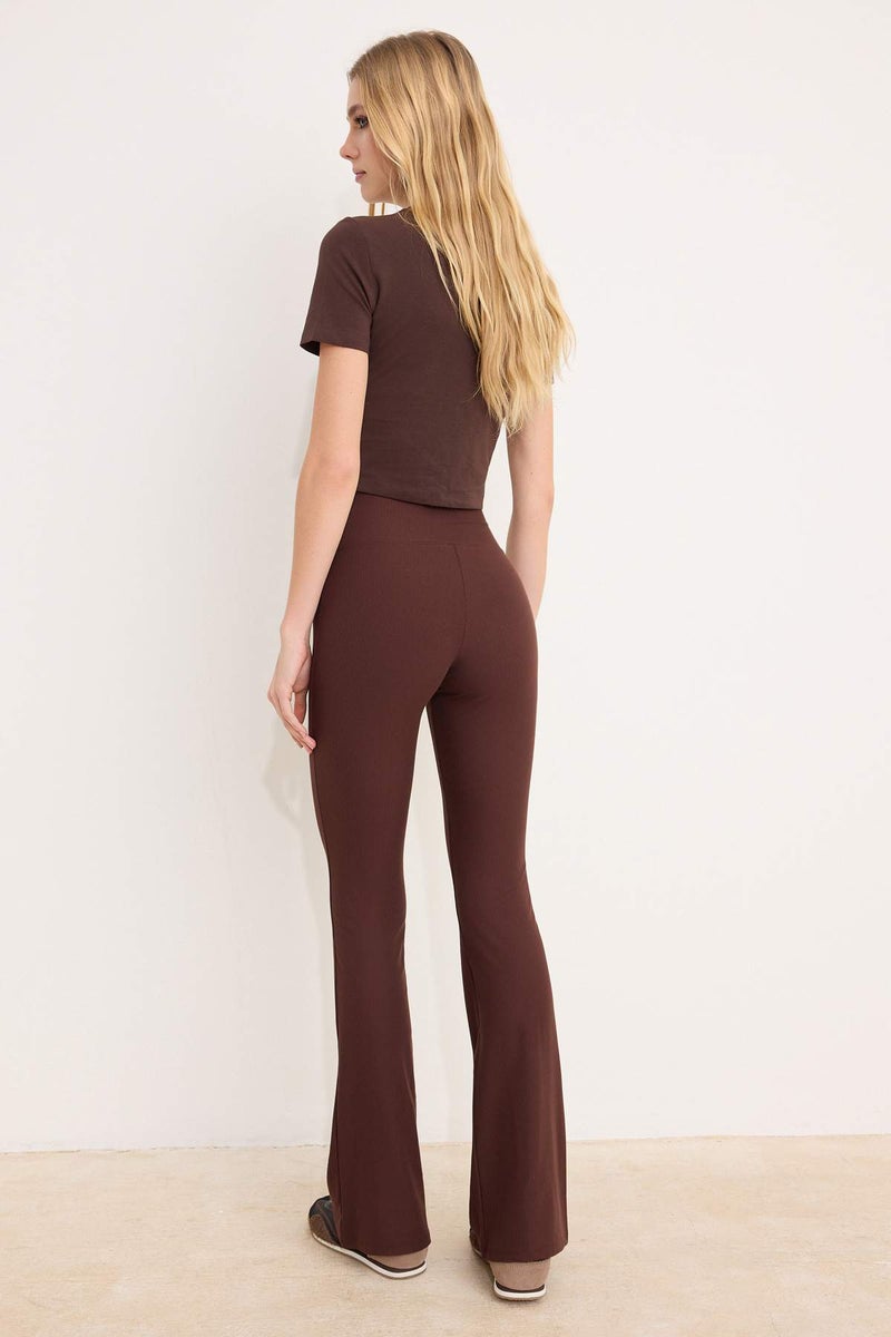 trendyol Brown Flare/Spanish Leg High Waist Lace-Up Long Ribbed Stretchy Knitted Trousers Twoss26Pl00079 - Image 4