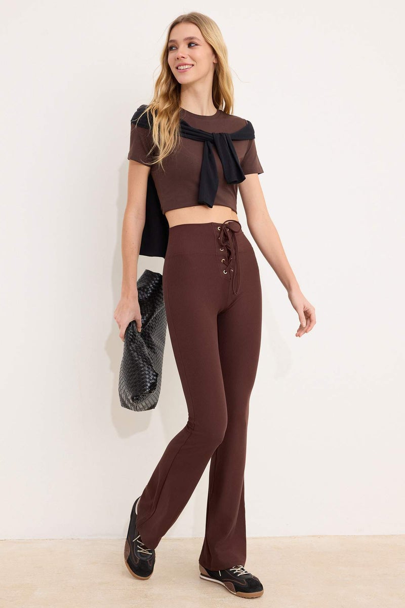 trendyol Brown Flare/Spanish Leg High Waist Lace-Up Long Ribbed Stretchy Knitted Trousers Twoss26Pl00079 - Image 2