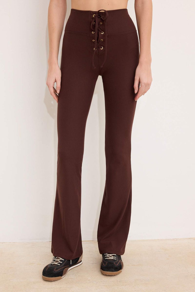 trendyol Brown Flare/Spanish Leg High Waist Lace-Up Long Ribbed Stretchy Knitted Trousers Twoss26Pl00079 - Image 3