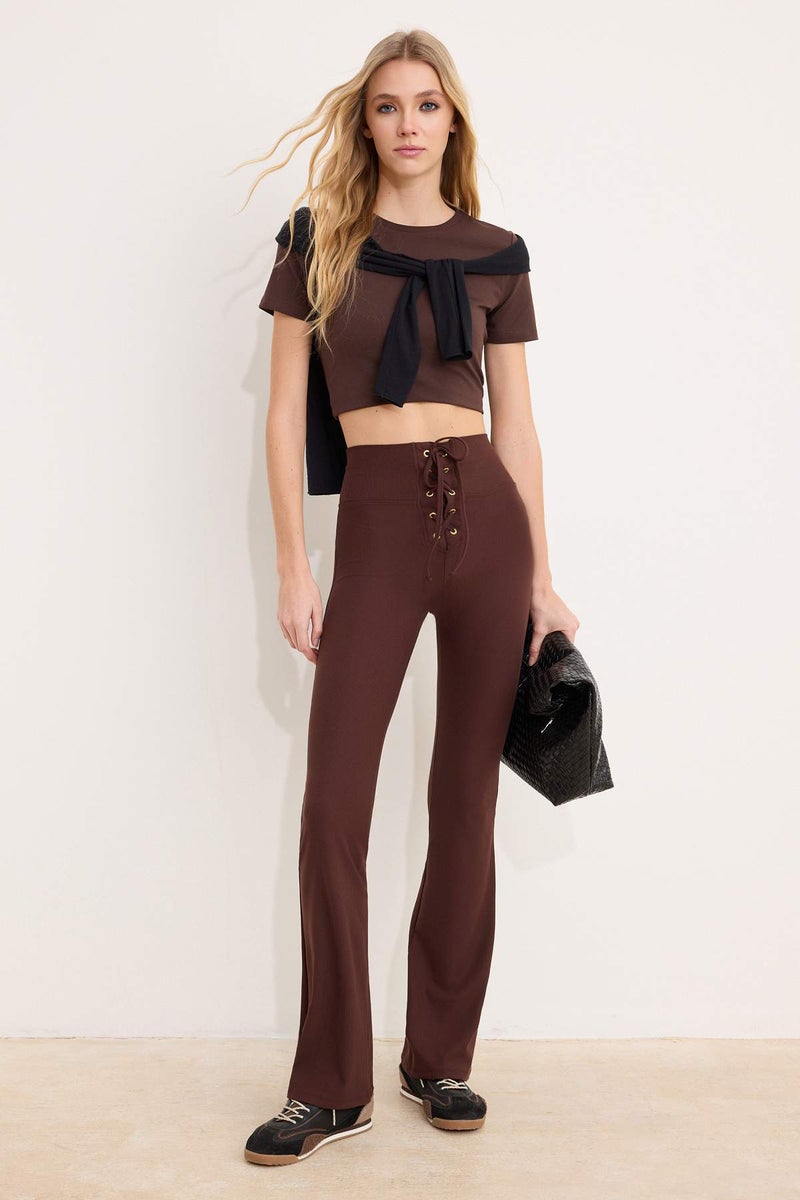 trendyol Brown Flare/Spanish Leg High Waist Lace-Up Long Ribbed Stretchy Knitted Trousers Twoss26Pl00079 - Image 1