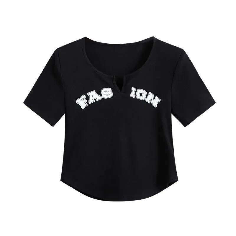 Discount Girl Top Summer Letter Printing Slim-Fit Short Design Sense Short-Sleeved T-Shirt Women'S Ins Trendy - Image 1