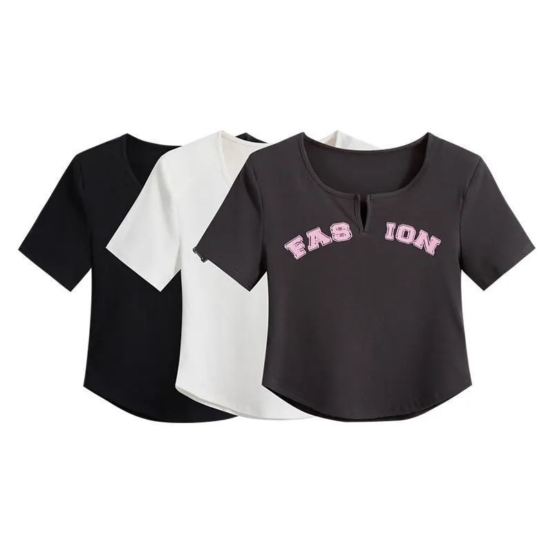 Discount Girl Top Summer Letter Printing Slim-Fit Short Design Sense Short-Sleeved T-Shirt Women'S Ins Trendy - Image 3