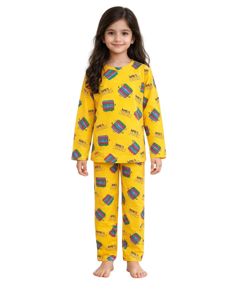 ANTHRILO Pajama T-Shirt Set for Girls & Toddlers Pack of 2 | Age 6-7 Years, Full Sleeves Cotton T-Shirt Pajama for Kids | Pop It Print, Comfortable & Regular Slim Fit, Yellow - Image 1