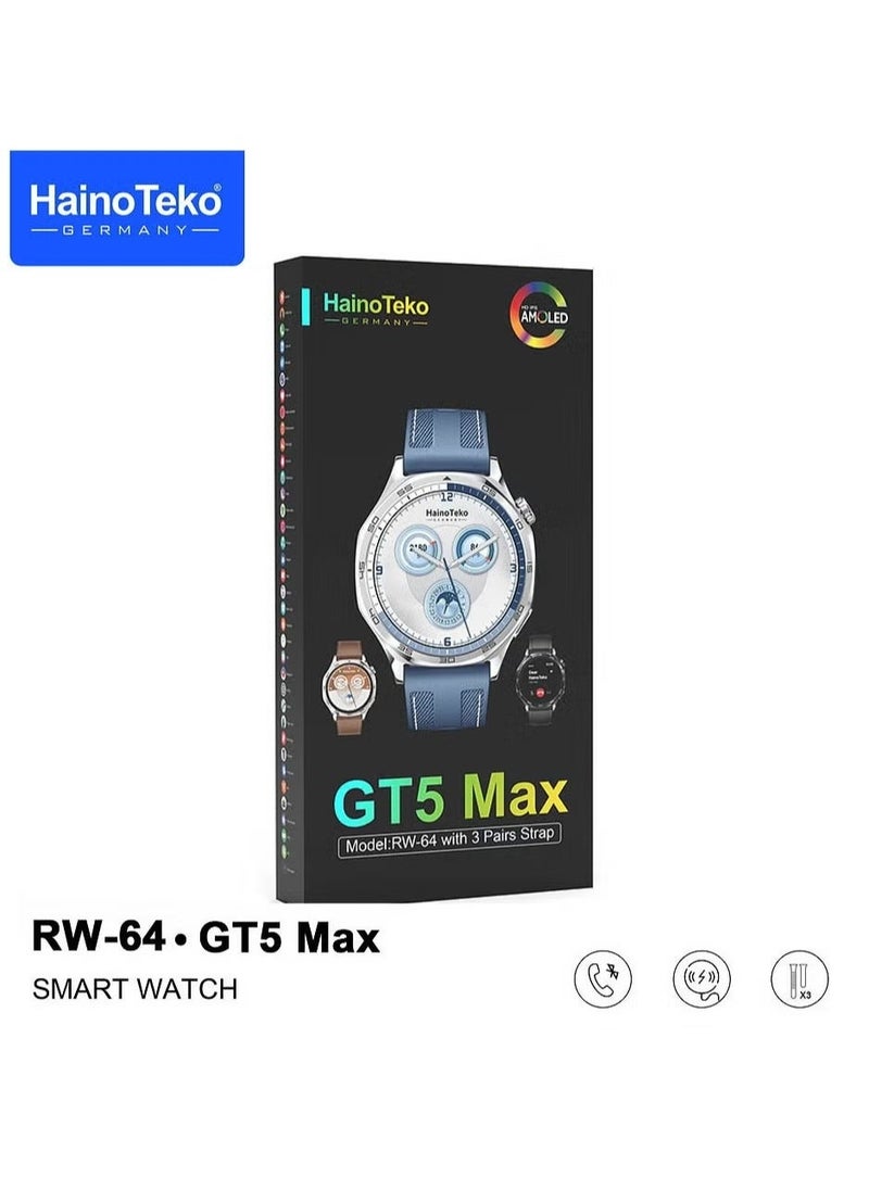 Haino Teko RW-64 GT5 Max Smartwatch with Large AMOLED Display, Voice Assistant, and 3 Pairs of Straps, Designed for Men, Silver  - Image 4
