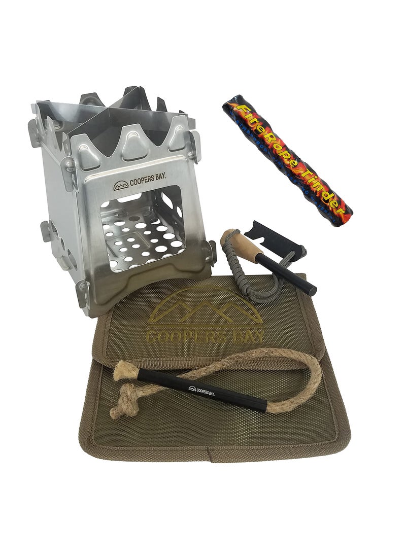 Coopers Bay Coopers Bay Flatpack StoveFirestarter Package  Includes Twig Stove Ferro Rod and FireWick Tinder  Complete Lightweight Backpacking Stove Kit Stainless Steel 