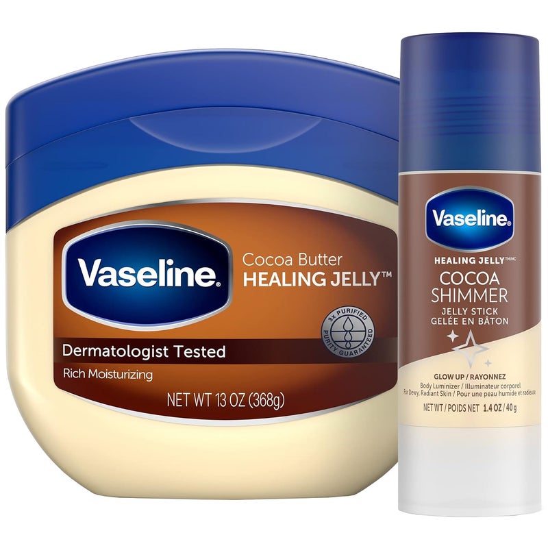Vaseline فازلين جل الشفاء المرطب الغني بزبدة الكاكاو 13 أونصة مع عصا اللمعان بزبدة الكاكاو 14 أونصة يوفر بشرة رطبة ومتألقة مع رائحة لطيفة