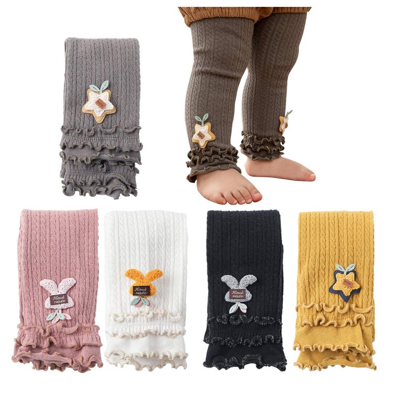 Looching 5 Packs Little Baby Girls Knit Footless Tights with Ruffle Cute Cartoon Pattern Ankle Length Leggings for Kids, White/Black/Yellow/Pink/Dark Gray, 3-5T - Image 1