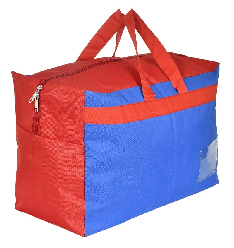 Kuber Industries Kuber Industries Water Resistant Storage Bag, Folding Organizer Bag, Under Bed Storage, College Carrying Bag for Bedding Comforters, Blanket, Clothes With Front Small Tranasparent Pocket (Blue & Red) - Image 3