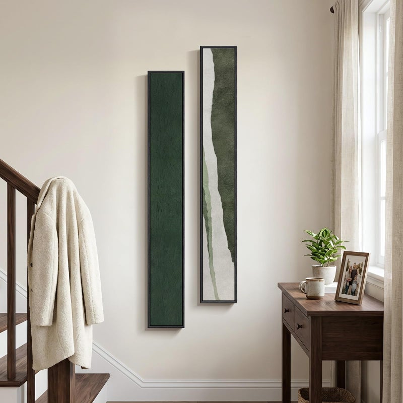 Cuspin Long Narrow Framed Green Vertical Abstract Wall Art Set, 2 Piece Modern Canvas Prints Paintings Artwork for Walls, Green White Minimalist Pictures for Living Room Bedroom Entryway Hallway Wall Decor - Image 5