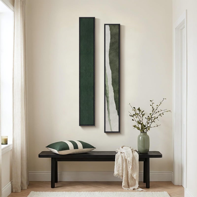 Cuspin Long Narrow Framed Green Vertical Abstract Wall Art Set, 2 Piece Modern Canvas Prints Paintings Artwork for Walls, Green White Minimalist Pictures for Living Room Bedroom Entryway Hallway Wall Decor - Image 1