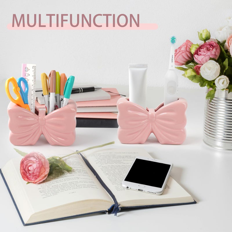Zaposcca Bow Toothbrush Holder, Pink Ceramic Multi-Purpose 2-Section Organizer for Bathroom, Kitchen, Bedroom, Office Decor - Image 5
