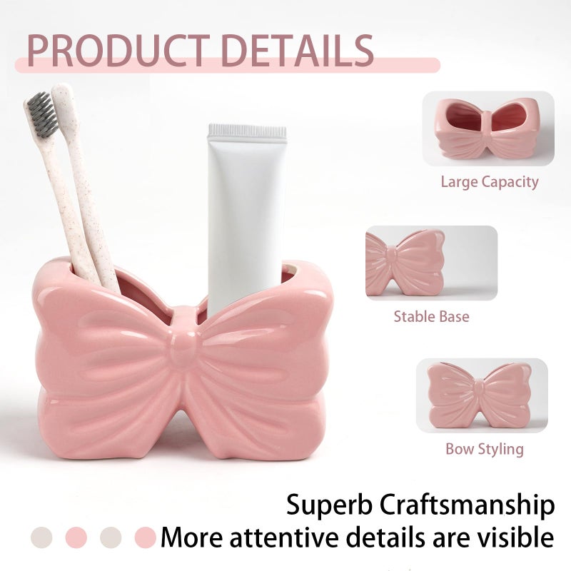 Zaposcca Bow Toothbrush Holder, Pink Ceramic Multi-Purpose 2-Section Organizer for Bathroom, Kitchen, Bedroom, Office Decor - Image 3