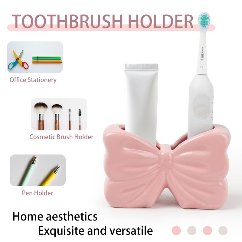 Zaposcca Bow Toothbrush Holder, Pink Ceramic Multi-Purpose 2-Section Organizer for Bathroom, Kitchen, Bedroom, Office Decor - Image 4