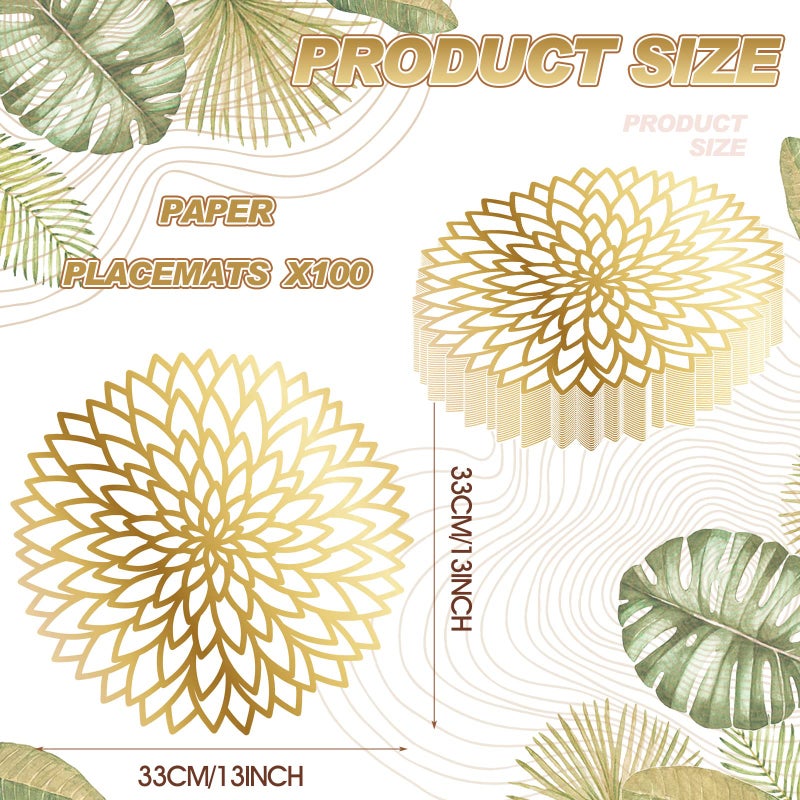 Sinmoe 100 Pack Disposable Paper Placemats Bulk 13 Inch Paper Charger Place Mat Party Charger Plates Table Place Mats for Dinner Wedding Birthday Baby Shower Spring Dining Tableware(Golden Print) - Image 2