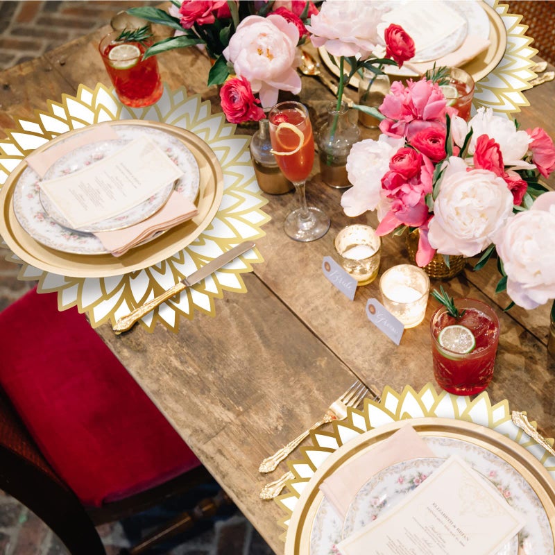 Sinmoe 100 Pack Disposable Paper Placemats Bulk 13 Inch Paper Charger Place Mat Party Charger Plates Table Place Mats for Dinner Wedding Birthday Baby Shower Spring Dining Tableware(Golden Print) - Image 5