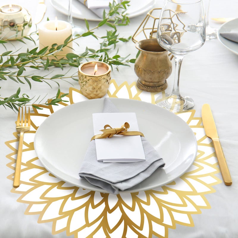 Sinmoe 100 Pack Disposable Paper Placemats Bulk 13 Inch Paper Charger Place Mat Party Charger Plates Table Place Mats for Dinner Wedding Birthday Baby Shower Spring Dining Tableware(Golden Print) - Image 4