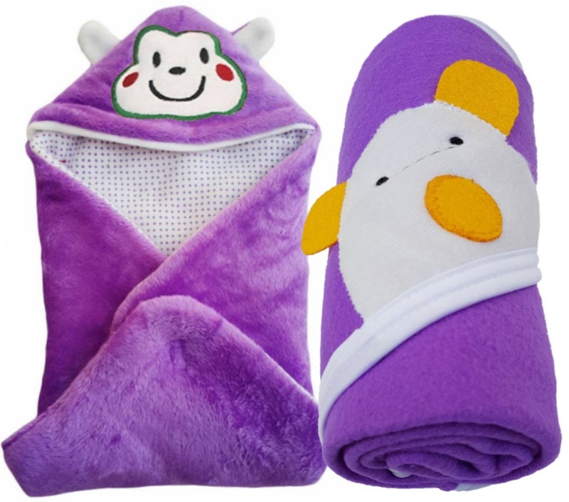 BRANDONN Newborn Combo of Shearing Velvet and Fleece Hooded Baby Blanket (Pack of 2, Purple) - Image 1