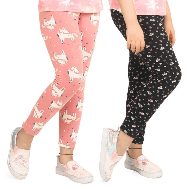 ARIEL Girls Mid Rise Cotton Printed Non-Transparent Regular Fit Ankle Length Leggings(AR-G-Leg-P2-910-(Orange+BlackFlower)_Multicolor_910 Years) - Image 1