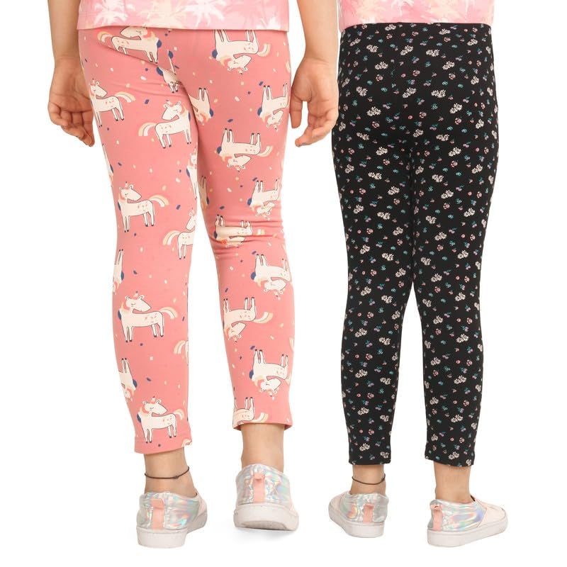 ARIEL Girls Mid Rise Cotton Printed Non-Transparent Regular Fit Ankle Length Leggings(AR-G-Leg-P2-910-(Orange+BlackFlower)_Multicolor_910 Years) - Image 2