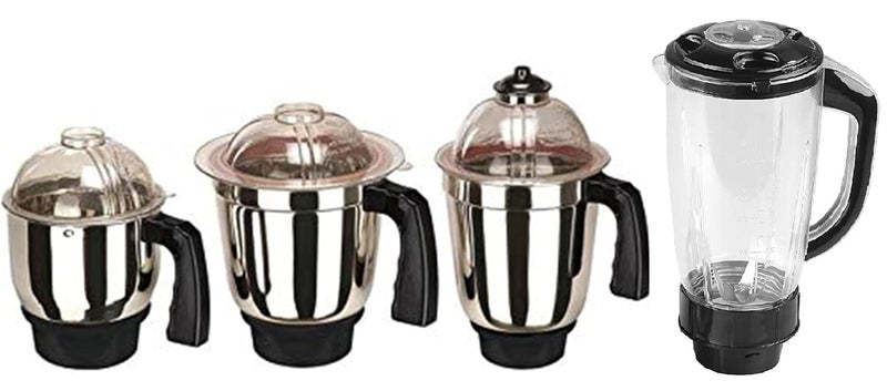 Sumix Set of 4 Mixer Jar 3 Stainless Steel and 1 Juicer Jar Milkshake jar Dry Grinding jar Liquide Blending Jar chutney jar and Milkshake JarStandard Mixer JarMixer Grinder Steel jar with lid MGFSteel Black - Image 1
