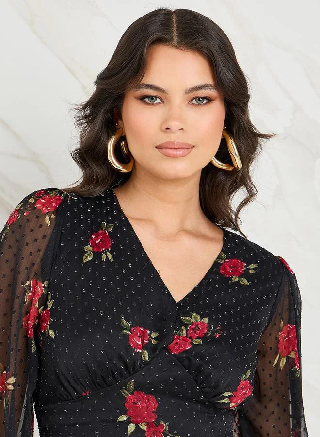 Styli Dobby Floral Print Layered Maxi Dress