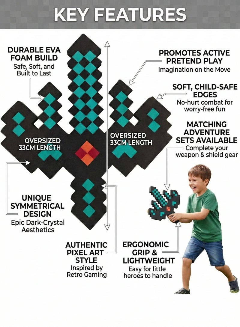 REZZOSS 33cm Pixelated Foam Sword Toy for Kids – Video Game Style EVA Foam Safe Battle Toy | Black & Teal Pixel Diamond Sword | Cosplay Costume Prop & Pretend Play Gamer Gift for Boys Girls Birthday Eid - Image 2