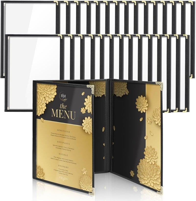 Flexzion Menu Holder 8.5" x 11" - Triple Stitched Menu Covers with Clear PVC, Black Binding & Gold Corners, Trifold 3 Pages 6 Views Menu Book for Restaurant, Cafe, Bar, & Catering Hall (30 Pack) - Image 1